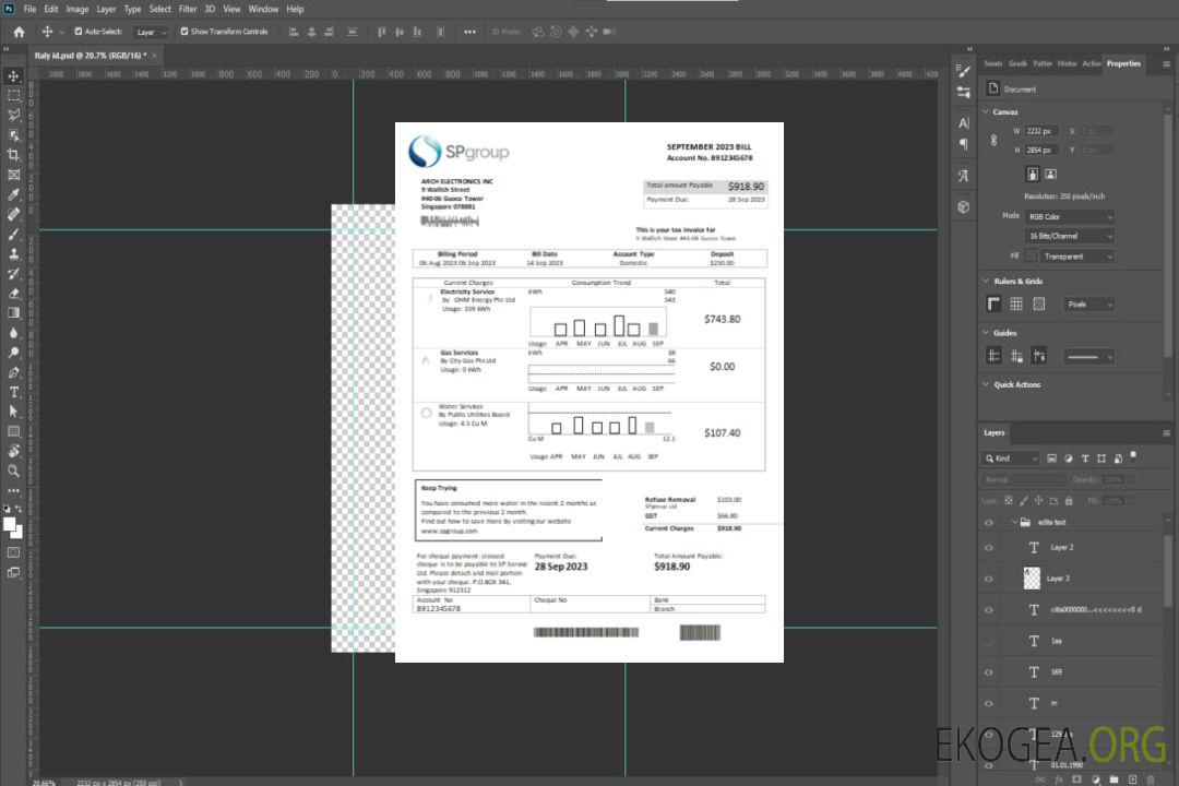 Facture d'entreprise de services publics du Groupe SP SCR, page 1 template